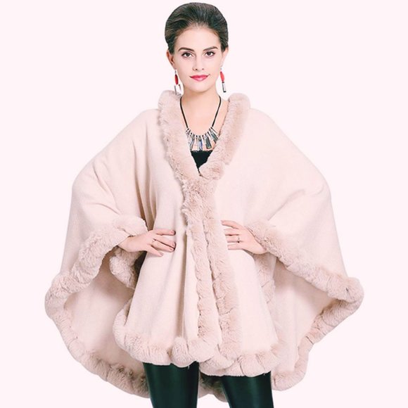 Soft Pink Faux Fur trimmed Cape Sweater One Size fits most - Picture 1 of 2